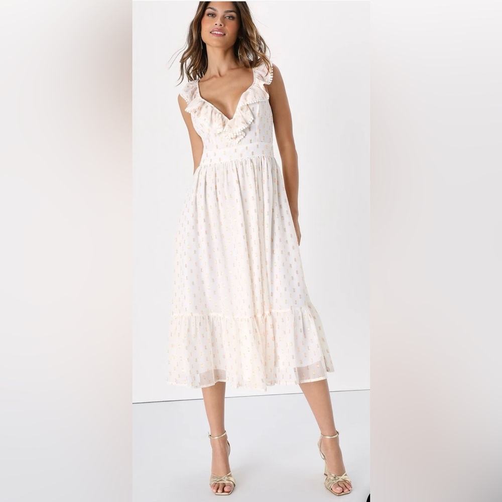 Lulu’s BNWT “Lovely Mood white and gold tiered midi dress” Perfect for prom!